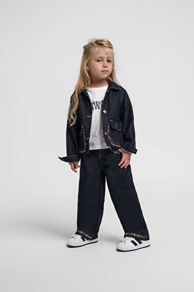 Escabel معطف جينز للبنات من كيب مطرز لعمر 1-5 سنوات باللون الأزرق الداكن