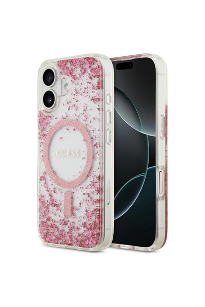 Guess Калъф за iPhone 17, MagSafe с брокатено дъно от смола, розов