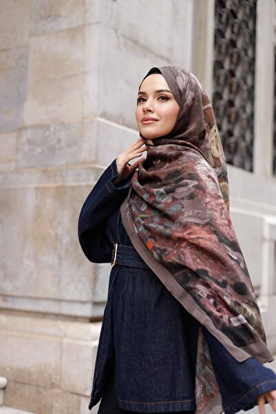 ipekistanbul %100 Organik Pamuk Şal - Ebruli Desen - Mürdüm Kahve