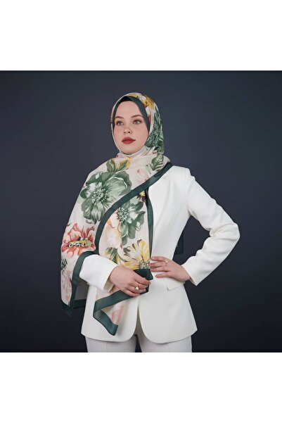 TAMA Anemon Desen Yeşil Kenarlı Şal