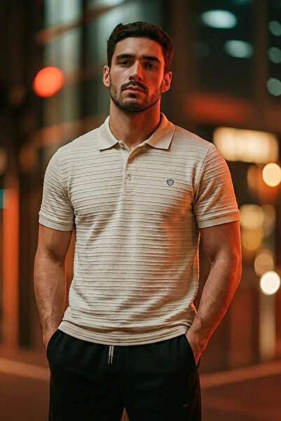 COMBİNE MİCHAİL Men's Short Sleeve Cream Loose Polo Collar T-Shirt