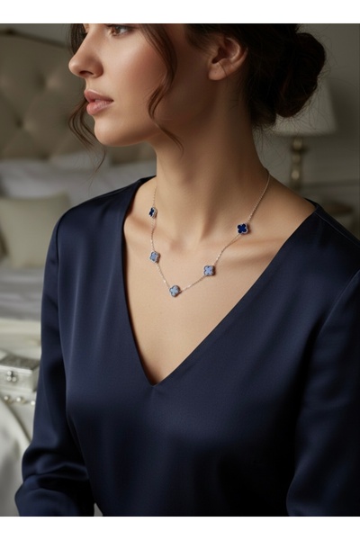 Meneva Aksesuar Gümüş Renk 5’li Lacivert Mineli Yonca Çelik Kolye