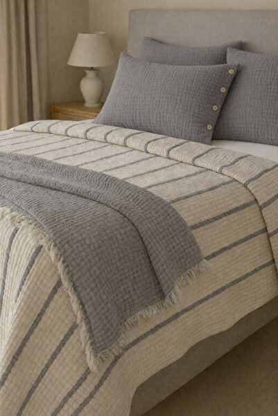 VERONİCA LİNE 8 Kat Müslin Çift Yönlü Yatak Örtüsü + Yastık Kılıfı Set 240x260