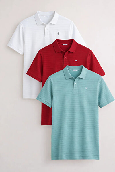 COMBİNE MİCHAİL Men's Short Sleeve Loose 3-Piece Polo Collar T-Shirt