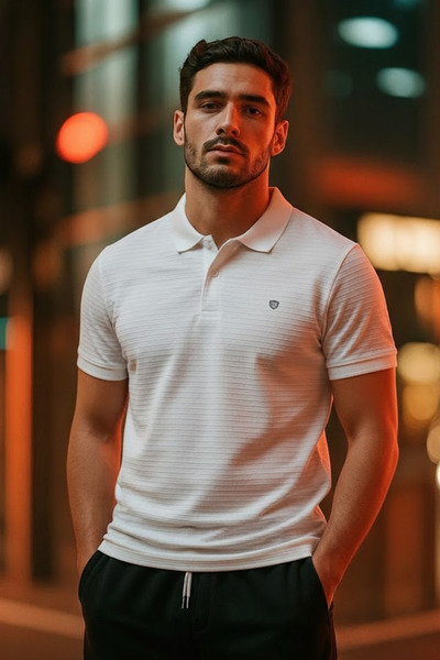 COMBİNE MİCHAİL Men's Short Sleeve White Loose Polo Collar T-Shirt