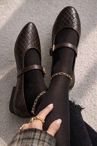 FootFrenzy Botty Örgü Desenli Mary Jane Babet – Altın Tokalı Kadın Düz Ayakkabı