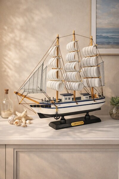 BiTon Toptan Büyük Boy El Yapımı Ahşap Yelkenli Gemi Maketi 33 X 33 CM – Deko...