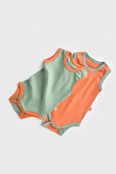BabyCosy Set 2 body-uri fara maneci Ribana Bebe Unisex- Portocaliu/Verde Baby...