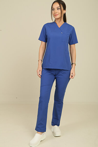 DENİZ İŞ Women's Envelope Collar Terycotton Scrubs Set - Cobalt Blue