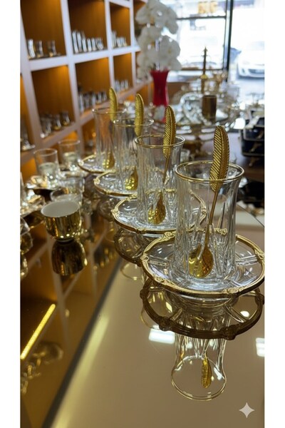 LeylArt MİRAÇ ÇAY SETİ 12 PARÇA GOLD CAM AKSESUARLI TABAK, METAL KAŞIK, CAM B...