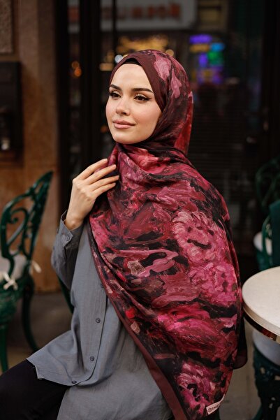 ipekistanbul %100 Organik Pamuk Şal - Ebruli Desen - Koyu Mürdüm