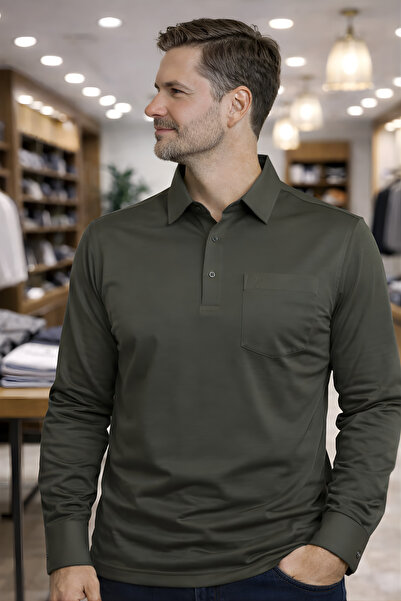 YAKAMEL Men's Long Sleeve Button down Shirt Casual T-Shirt with Collar Pocket