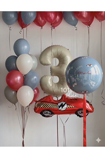 Çemrek Süs Parti Kırmızı Yarış Arabası Rakam Balon ve Jumbo Mavi Bej Kırmızı ...