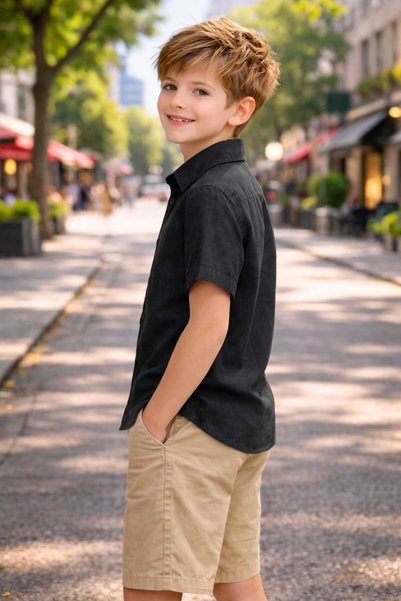 CALEMORE Black Color Plain Boys' Short Sleeve Shirt