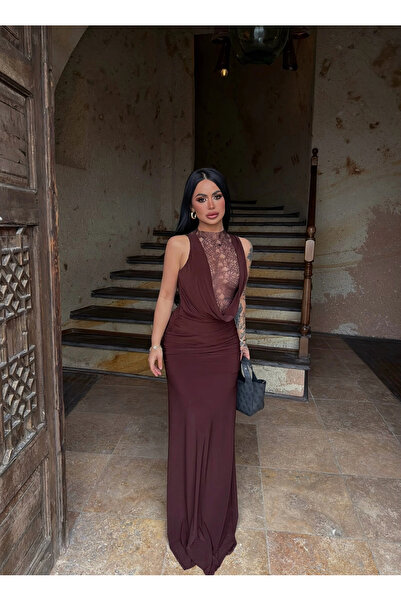 kırmızı butiks Καφέ φόρεμα με κουμπιά στην πλάτη