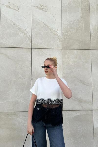 lizge giyim Bisklet Collar Alti D Lace Detail Tshirt