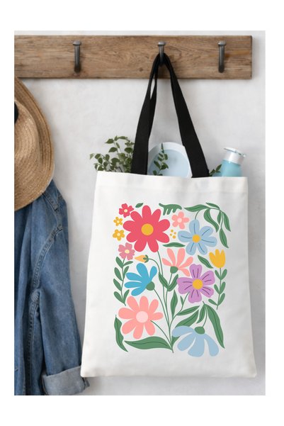 OEM Geantă Tote Bag Albă cu Imprimeu Floral Colorat