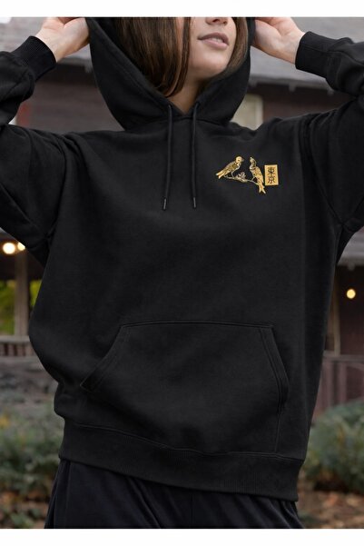 MARKATEM Kapsonlu Kangoru Pocket 3-Thread Cotton Thread Count Bird Print Swea...