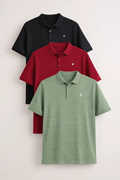 COMBİNE MİCHAİL Men's Short Sleeve Loose 3-Piece Polo Collar T-Shirt