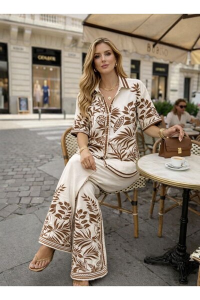 ANBLYs COLLECTION Yaprak Patterned Short Sleeve K Linen Women's Pants Shirt Suit
