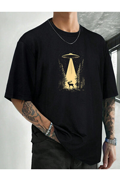 SUNFREE Retro Ufo Printed Crew Neck Oversized Short Sleeve Men's Combed Cotto...