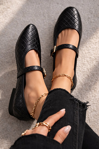 FootFrenzy Botty Örgü Desenli Mary Jane Babet – Altın Tokalı Kadın Düz Ayakkabı