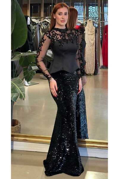 Abiyeniall Siyah Hakim Yaka Uzun Kollu Dantel Detaylı Balık Likralı Pul Payet...