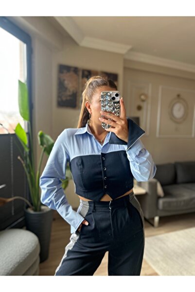 SMGBUTİK Yandan Şeritli yelek Görünümlü Poplin Crop Gömlek