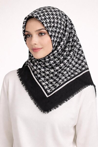Sinem Εμπριμέ Βαμβακερό Κασκόλ - Μαύρο / Λευκό-6292 - 16