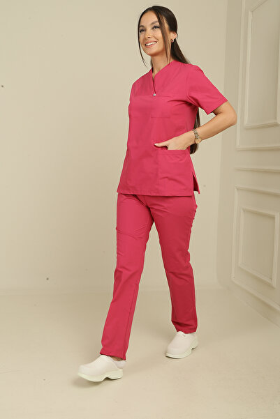 DENİZ İŞ Women's Envelope Collar Terycotton Scrubs Set -Pomegranate Flower