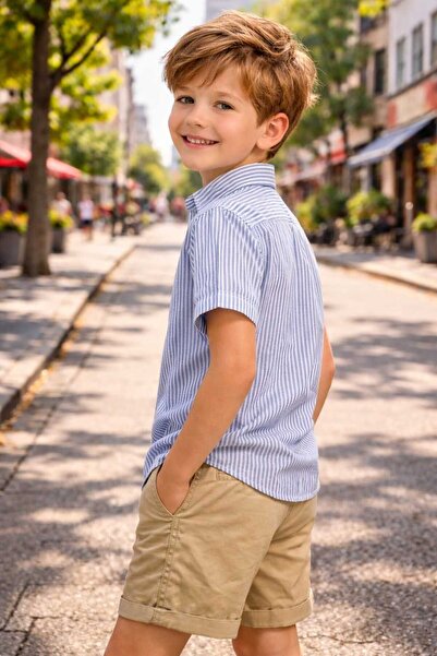 CALEMORE Blue White Striped Plain Boys' Short Sleeve Shirt