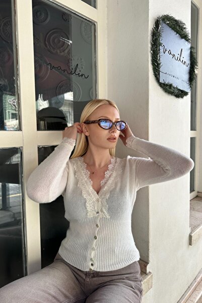 lizge giyim V Neck Lace Detail Knitted Cardigan