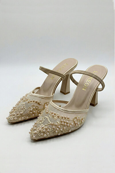 LUXEON Women's Beige Tulle Mesh Bead Embroidered Stiletto Open Back Evening D...