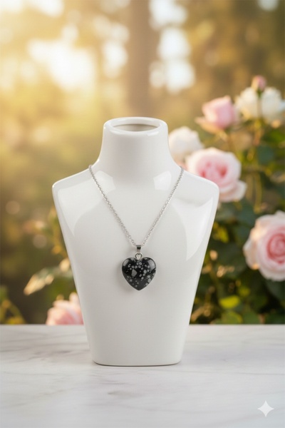 Liacharm Doğal Kar Tanesi Obsidyen Taşı Kalp Kesim Kolye - Şifa ve Koruma Tem...