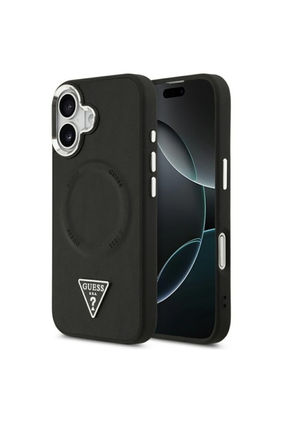 Guess Carcasă pentru iPhone 17, Husă rigidă cu logo triunghiular MagSafe, Neagră