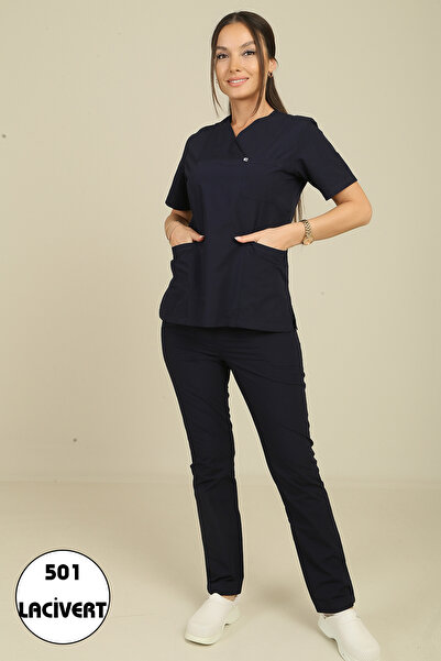 DENİZ İŞ Kadın Zarf Yaka Terycotton Scrubs Takım -Lacivert