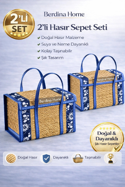 Berdina Home 2’li Hasır Sepet Doğal El Yapımı Kapaklı Taşınabilir Dayanıklı Ş...