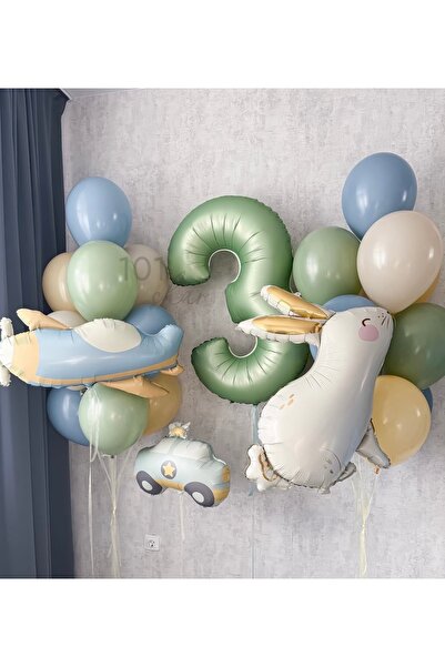 Çemrek Süs Parti Retro Airplane Police Car Rabbit Foil Balloon and Mint Numbe...