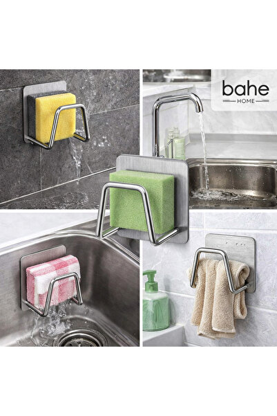 bahe home Paslanmaz Çelik Yapışkanlı Sünger Tutucu Mutfak Banyo Duvar Askısı ...