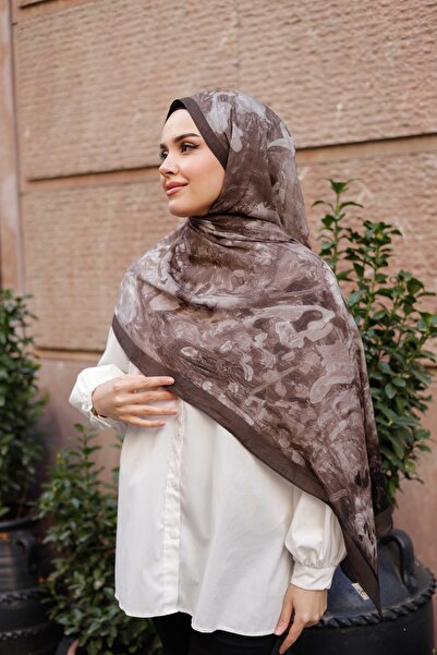 ipekistanbul %100 Organik Pamuk Şal - Ebruli Desen - Koyu Kahve