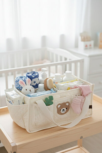 Hevi Kids HeviKids Anne Bebek Beyaz Ayıcık Desenli Organizer (İsim Eklenebilir)
