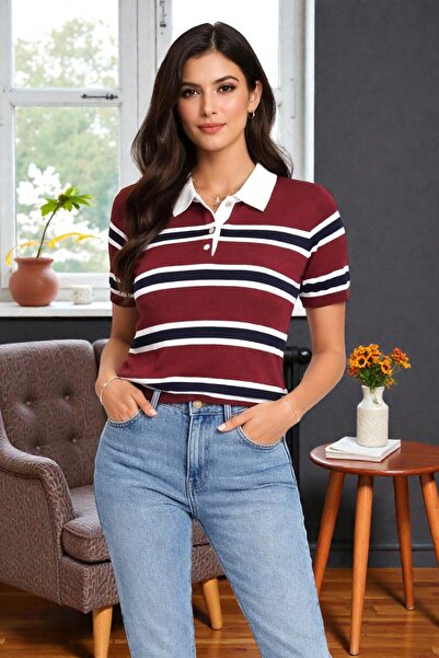 LE CARAMBOLE Women's Burgundy Striped Polo Neck Knitwear Short Sleeve Blouse