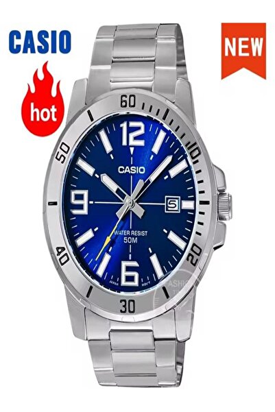 casiu Men's stainless steel watch with a dark blue dial, water resistant to 5...
