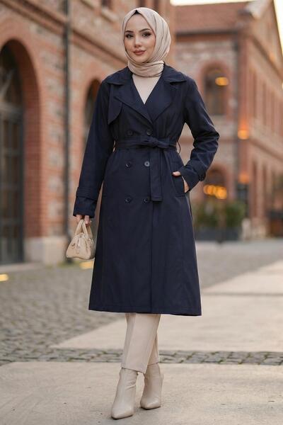 hafsamina Belted Buttoned Trench Coat Navy Blue Hm2890