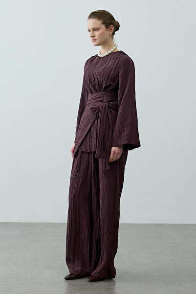 Fahhar Kıraşlı Bağlamalı Pantolonlu Takım Mürdüm