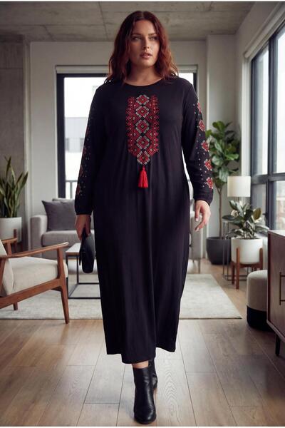 Ebsumu Women's Plus Size Long Sleeve Embroidered Black Dress