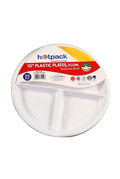 Hotpack طبق بلاستيكي دائري للاستخدام مرة واحدة، أبيض، 10 بوصات، 3 أقسام، 25 قطعة