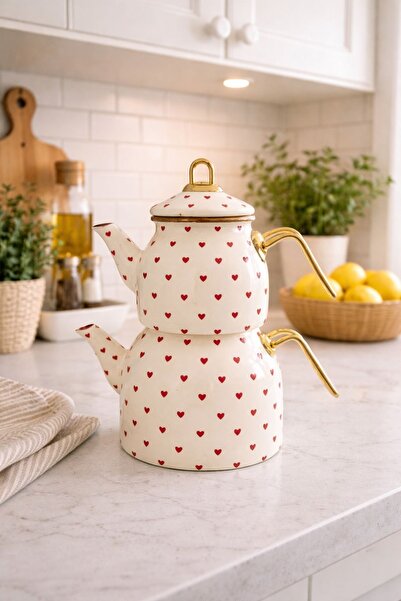 Akkoyunlu home Red Heart Patterned Enamel Teapot Set – Gold Strappy Stylish D...