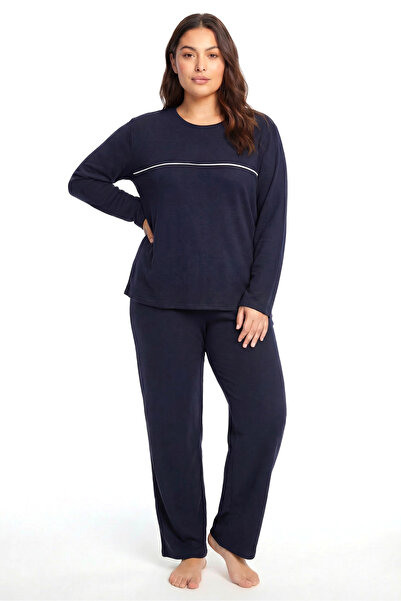 Akbeniz Large Size Striped Detail Thick Long Sleeve Women's Pajama Set Navy Blue