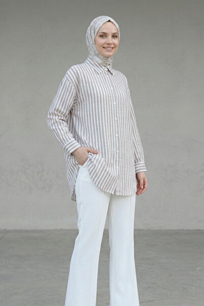 Kirazgym Women's Buttoned Striped Linen Shirt - Light Brown
